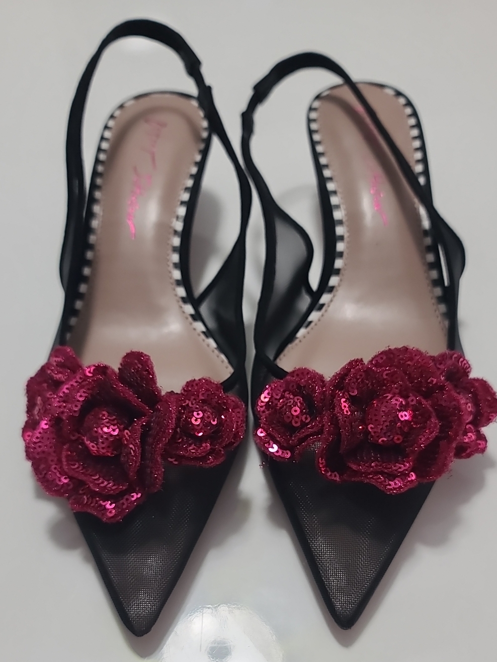 Betsey Johnson Black Slingback Pointed-Toe Heels with Pink Sequin Flowersz 7.5